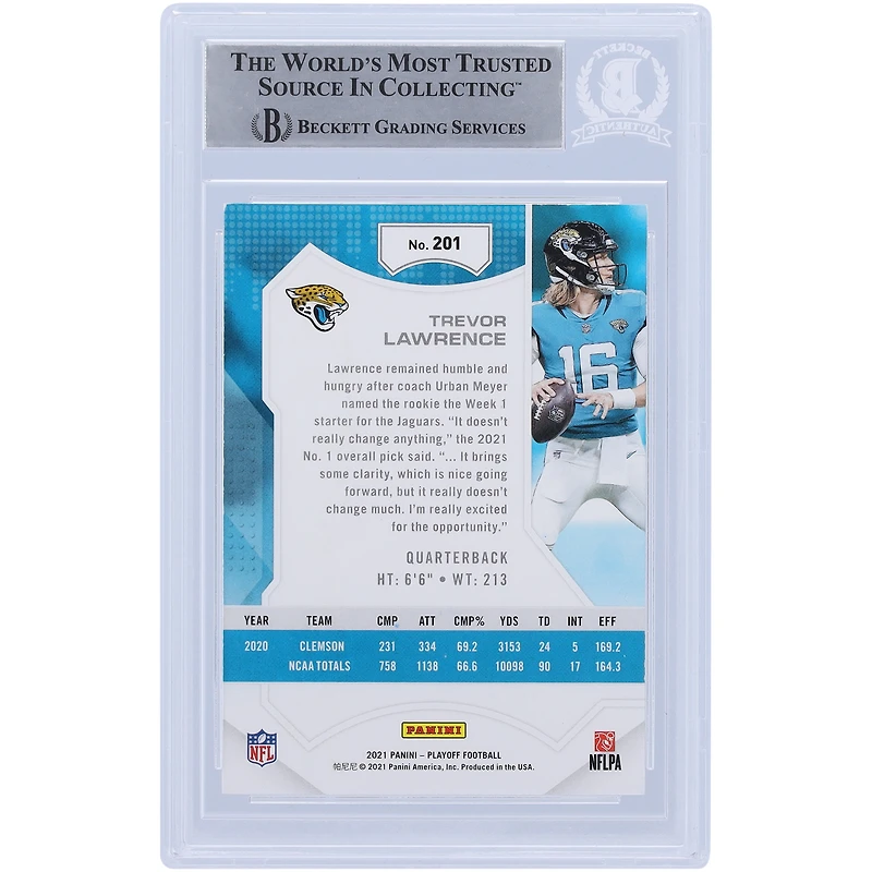 Carte de recrue autographiée de Trevor Lawrence (Jaguars de Jacksonville), série éliminatoires Panini 2021, numéro 201, authentifiée par Beckett et Fanatics Witnessed