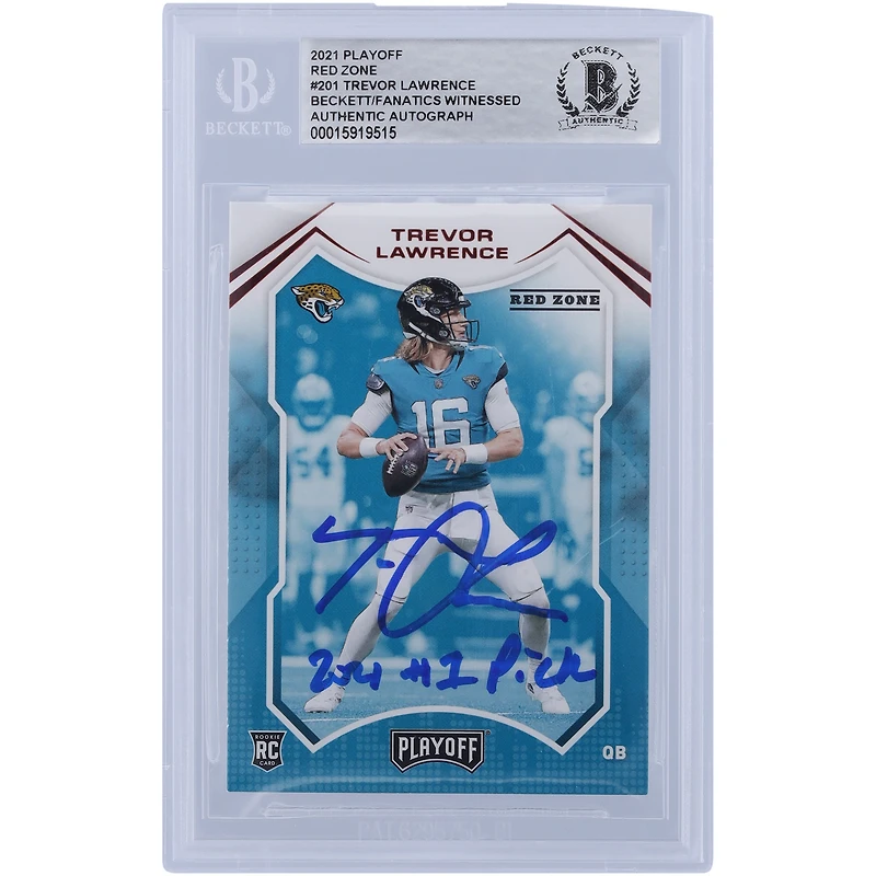 Carte de recrue authentifiée 2021 Panini Playoff Red Zone #201 de Trevor Lawrence Jacksonville Jaguars avec l'inscription « 2021 #1 Pick » et les fanatiques de Beckett ont été témoins