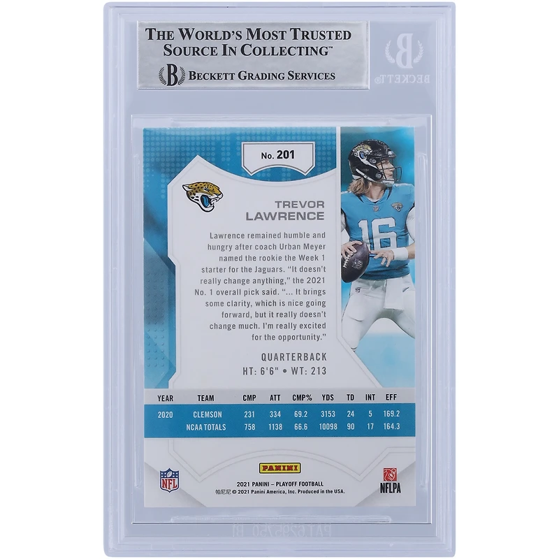 Carte de recrue authentifiée 2021 Panini Playoff Red Zone #201 de Trevor Lawrence Jacksonville Jaguars avec l'inscription « 2021 #1 Pick » et les fanatiques de Beckett ont été témoins