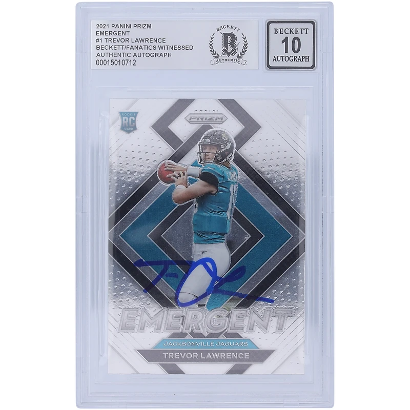 Carte de recrue Panini Prizm 1 Emergent #E-1 2021 autographiée par Trevor Lawrence Jacksonville Jaguars Beckett Fanatics Witnessed Authenticated 10 Rookie