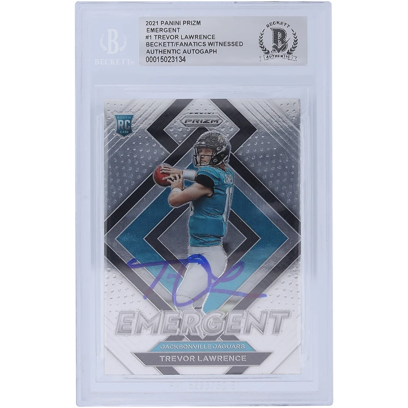 Carte de recrue authentifiée signée Trevor Lawrence Jacksonville Jaguars Panini Prizm Emergent #E-1 2021 Beckett Fanatics