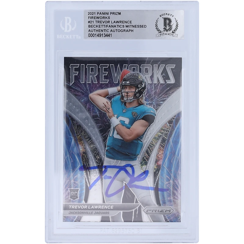 Carte de recrue authentifiée signée Trevor Lawrence Jacksonville Jaguars Panini Prizm Fireworks 2021 #F-21 Beckett Fanatics