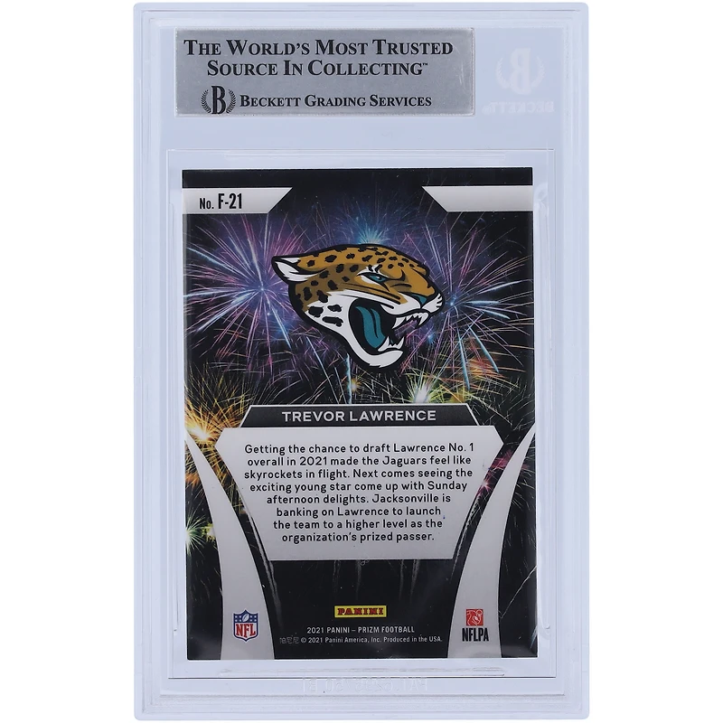 Carte de recrue authentifiée signée Trevor Lawrence Jacksonville Jaguars Panini Prizm Fireworks 2021 #F-21 Beckett Fanatics