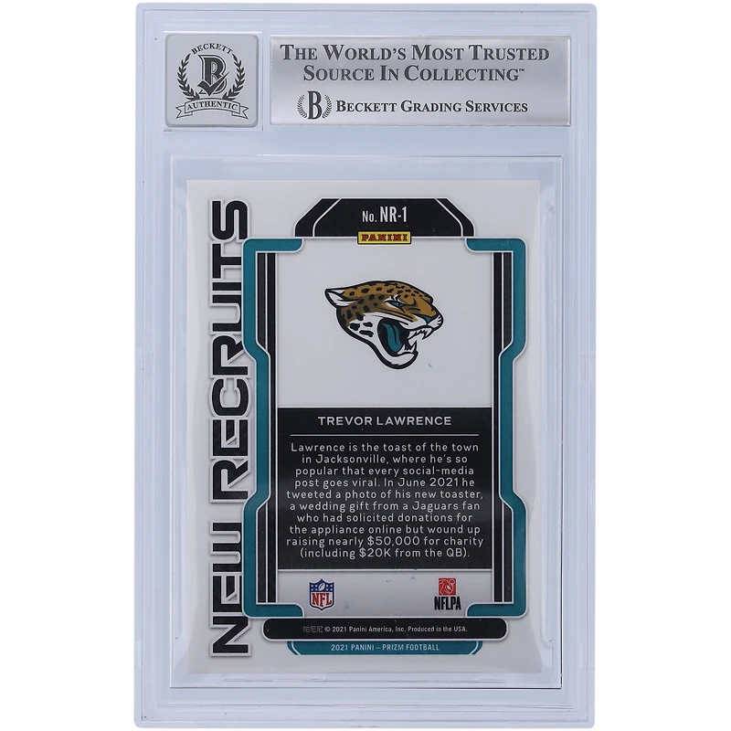 Trevor Lawrence Jacksonville Jaguars a autographié la nouvelle recrue Panini Prizm 2021 #NR-1 Beckett Fanatics a été témoin d'une carte de recrue authentifiée 10