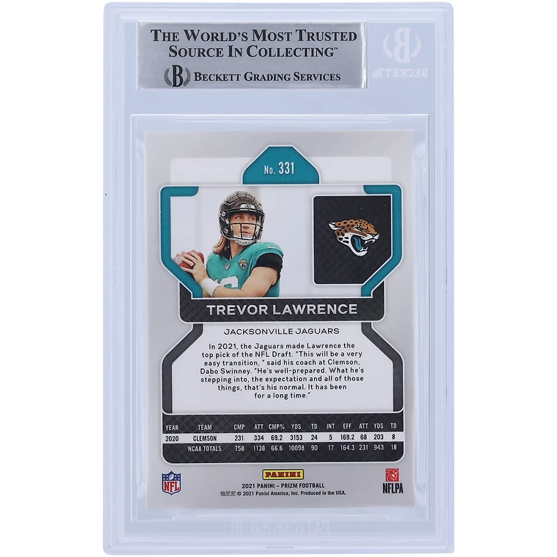 Carte de recrue authentifiée signée Trevor Lawrence Jacksonville Jaguars Panini Prizm #331 2021 Beckett Fanatics