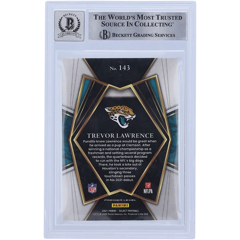 Carte de recrue Panini Select Premier Level #143 Beckett 2021 autographiée par Trevor Lawrence Jacksonville Jaguars, carte authentifiée 10