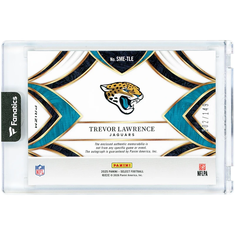 Carte autographiée de Trevor Lawrence (Jaguars de Jacksonville) 2025 Panini Select Blue Signature Memorabilia Prizm Jersey Relic #SME-TLE #102/149