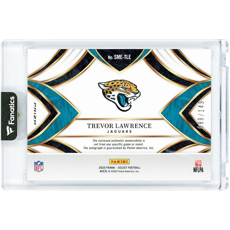 Trevor Lawrence Jacksonville Jaguars Autographed 2025 Panini Select Relic Blue Prizm #SME-TLE #99/149 Card