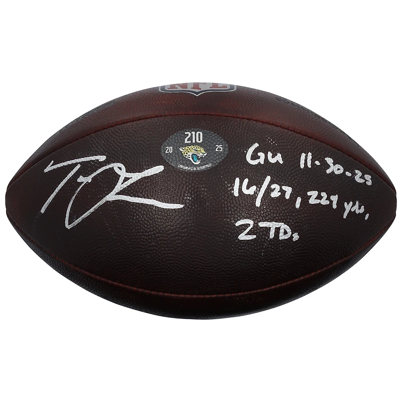 Ballon de football américain utilisé lors du match contre les Titans du Tennessee le 30 novembre 2025, autographié par Trevor Lawrence (Jaguars de Jacksonville), avec plusieurs inscriptions - n° 210