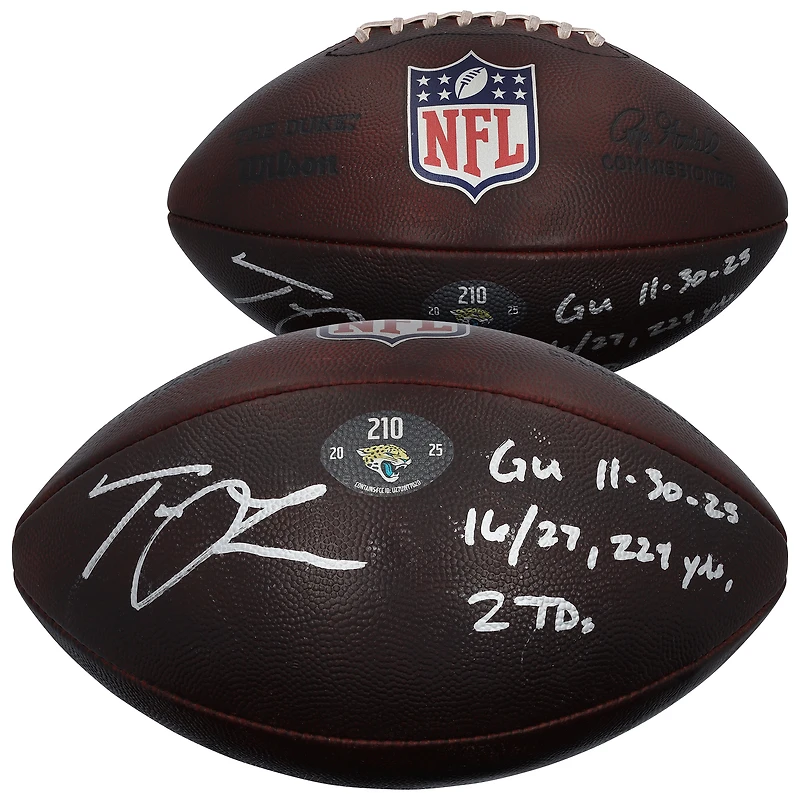 Trevor Lawrence Jacksonville Jaguars Autographed Game-Used Football vs. Tennessee Titans on November 30, 2025 with Multiple Inscriptions - #210