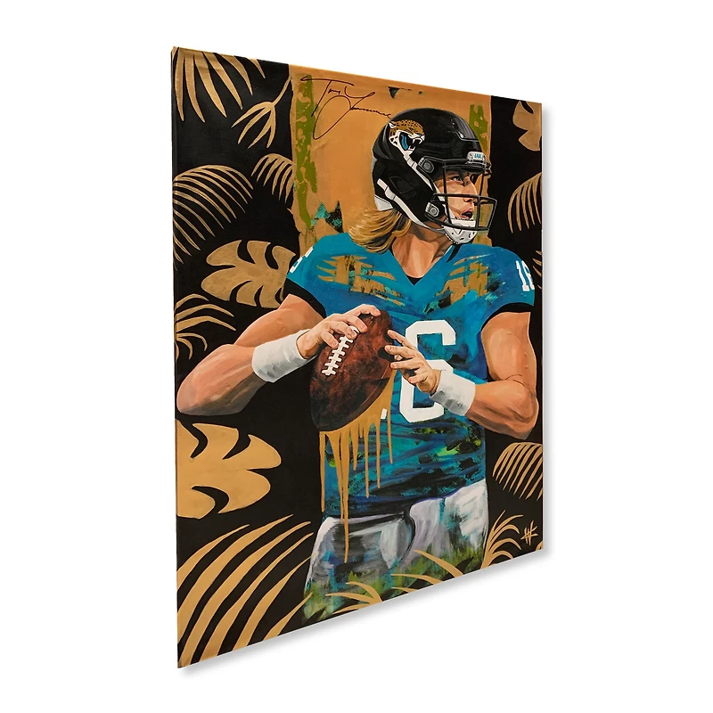 Impression giclée sur toile étirée autographiée de 30" x 40" de Trevor Lawrence Jacksonville Jaguars - Art par Cortney Wall - Gold & Jungle
