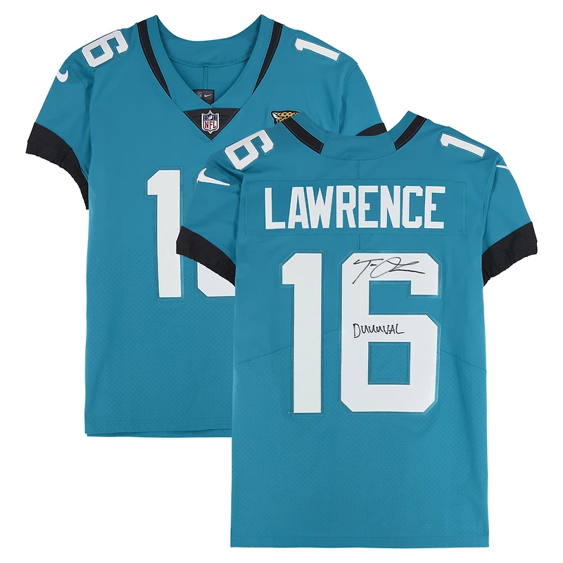 Maillot Nike Elite bleu sarcelle autographié par Trevor Lawrence des Jaguars de Jacksonville avec inscription « Duuuval »