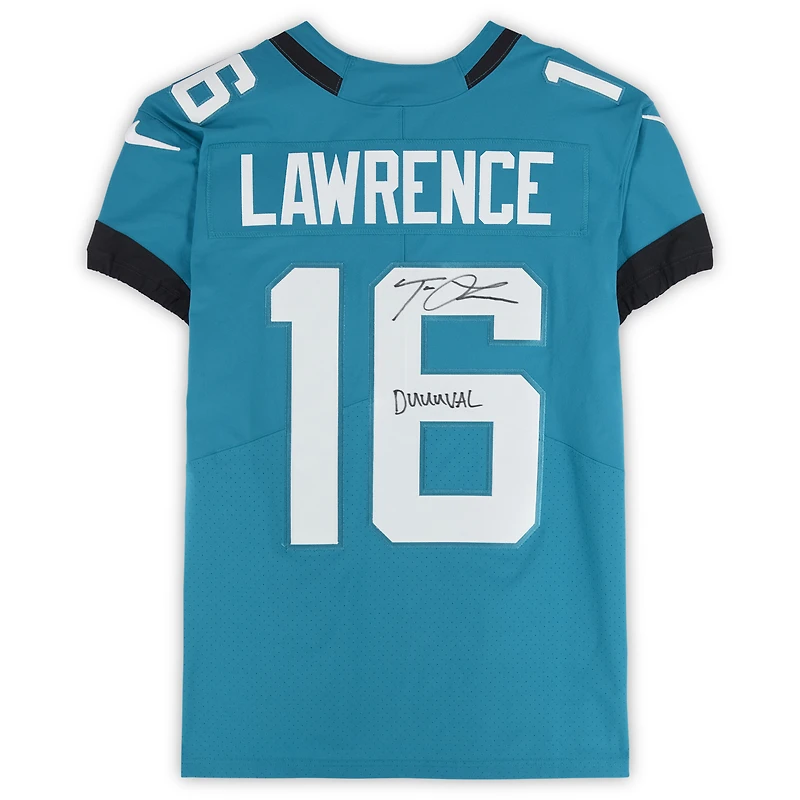 Maillot Nike Elite bleu sarcelle autographié par Trevor Lawrence des Jaguars de Jacksonville avec inscription « Duuuval »