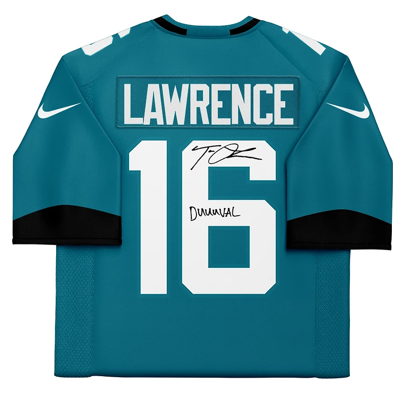 Maillot Nike Elite bleu sarcelle autographié par Trevor Lawrence des Jaguars de Jacksonville avec inscription « Duuuval »