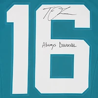 Maillot Nike Vapor F.U.S.E. Limited turquoise autographié par Trevor Lawrence des Jaguars de Jacksonville, avec l'inscription « Always DUUUVAL ! »