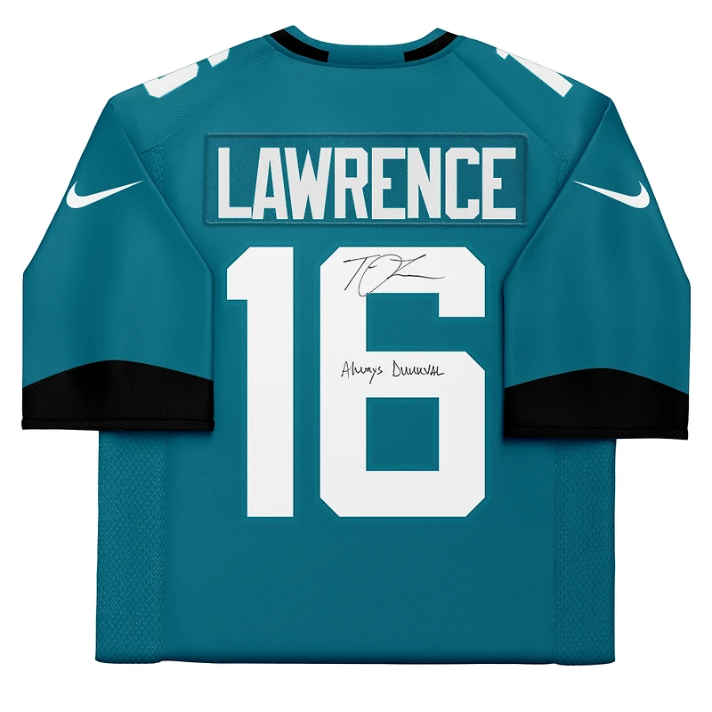 Maillot Nike Vapor F.U.S.E. Limited turquoise autographié par Trevor Lawrence des Jaguars de Jacksonville, avec l'inscription « Always DUUUVAL ! »