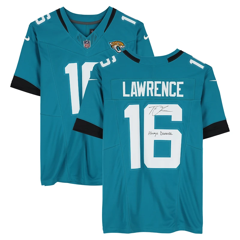 Maillot Nike Vapor F.U.S.E. Limited turquoise autographié par Trevor Lawrence des Jaguars de Jacksonville, avec l'inscription « Always DUUUVAL ! »