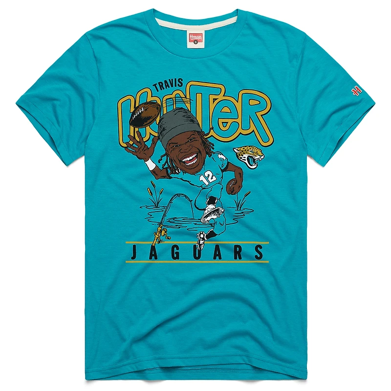 Unisex Homage Travis Hunter Teal Jacksonville Jaguars Caricature Player Graphic Tri-Blend T-Shirt