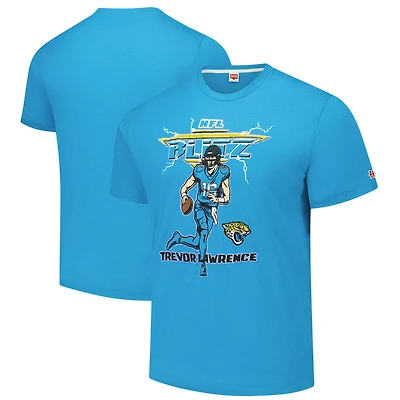 T-shirt unisexe hommage à Trevor Lawrence, bleu sarcelle, Jacksonville Jaguars, NFL Blitz Player, en mélange de trois matières