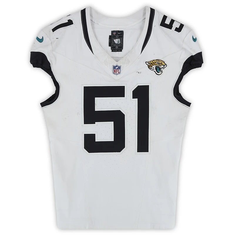 Maillot blanc Nike n° 51 porté par Ventrell Miller (Jaguars de Jacksonville) lors du match contre les Colts d'Indianapolis le 28 décembre 2025