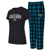 Ensemble pyjama en flanelle noir/bleu sarcelle pour femme Concepts Sport Jacksonville Jaguars Avondale avec t-shirt et pantalon