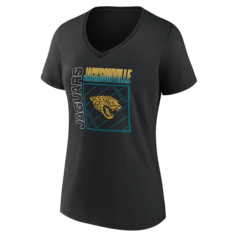 T-shirt noir à col en V pour femme, style Jacksonville Jaguars, avec nom et numéro personnalisés, l'effigie du stade.