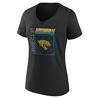 T-shirt noir à col en V pour femme, style Jacksonville Jaguars, avec nom et numéro personnalisés, l'effigie du stade.