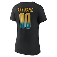 T-shirt noir à col en V pour femme, style Jacksonville Jaguars, avec nom et numéro personnalisés, l'effigie du stade.