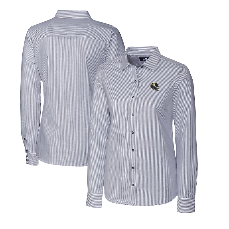 Women's Cutter & Buck  Charcoal Jacksonville Jaguars Helmet Logo Stretch Oxford Stripe Long Sleeve Button-Up Shirt