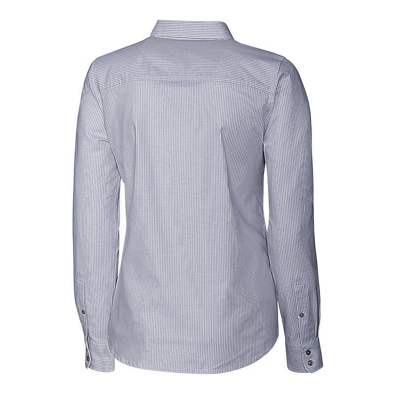 Chemise boutonnée à manches longues et rayures en tissu Oxford extensible pour femme, couleur charbon, avec logo du casque des Jaguars de Jacksonville, Cutter & Buck