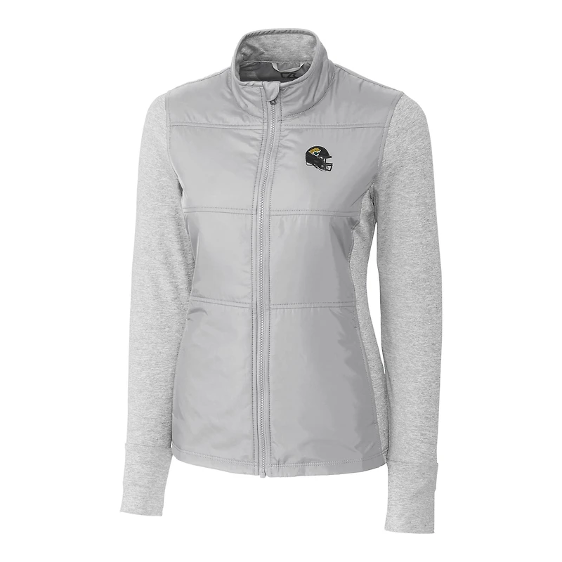 Coupe-vent matelassé hybride DryTec Stealth pour femme, gris chiné, avec logo du casque des Jaguars de Jacksonville, et fermeture éclair intégrale.