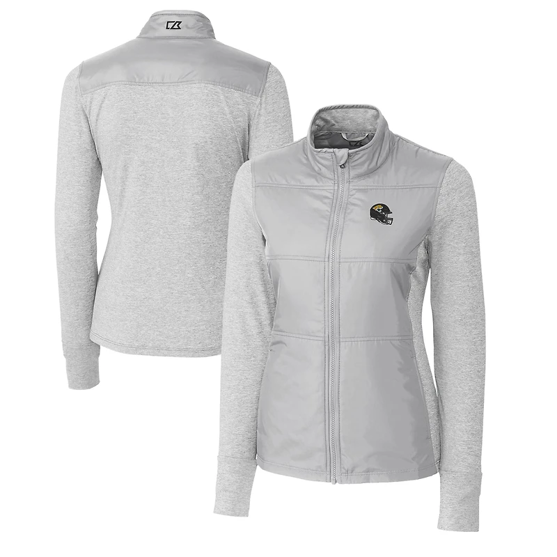 Coupe-vent matelassé hybride DryTec Stealth pour femme, gris chiné, avec logo du casque des Jaguars de Jacksonville, et fermeture éclair intégrale.