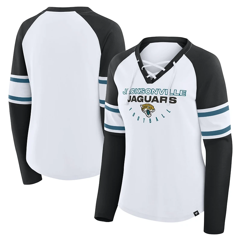 T-shirt à manches longues et col en V lacets raglan pour femme, blanc/noir, Jacksonville Jaguars Redzone Blitz Package