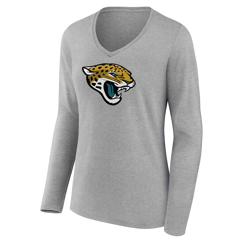 Women's Gray Jacksonville Jaguars Primary Logo Long Sleeve V-Neck T-Shirt