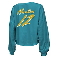 T-shirt court à manches longues et col en V pour femme Majestic Threads Travis Hunter Teal Jacksonville Jaguars avec nom numéro épaules dénudées inscription