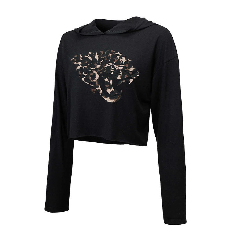 Majestic Threads Trevor Lawrence pour femmes, noir, Jacksonville Jaguars, léopard, nom et numéro du joueur, sweat à capuche court manches longues