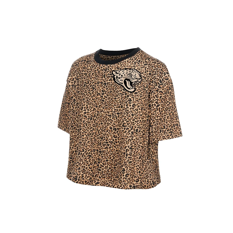 T-shirt court New Era marron Jacksonville Jaguars pour femme, motif léopard, style boxy, maman et moi