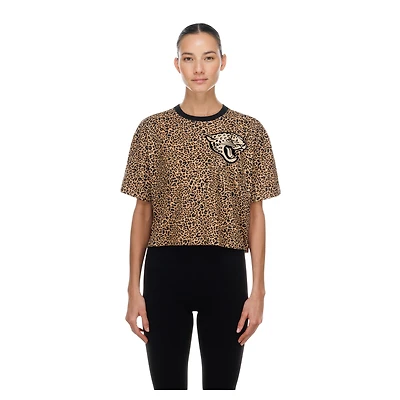 T-shirt court New Era marron Jacksonville Jaguars pour femme, motif léopard, style boxy, maman et moi
