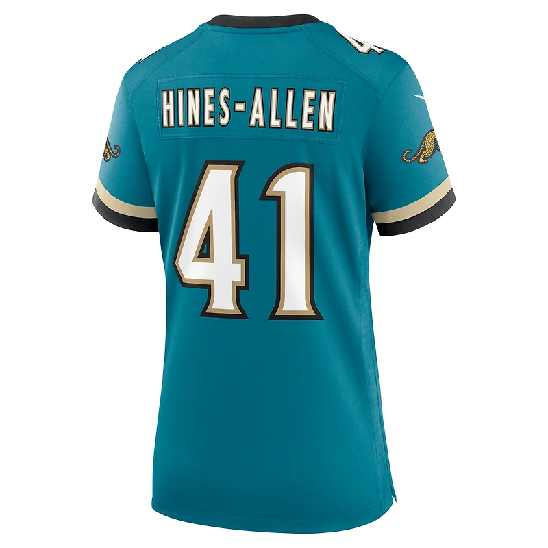 Maillot Nike Josh Hines-Allen Jacksonville Jaguars Prowler Throwback Game pour femme, bleu sarcelle