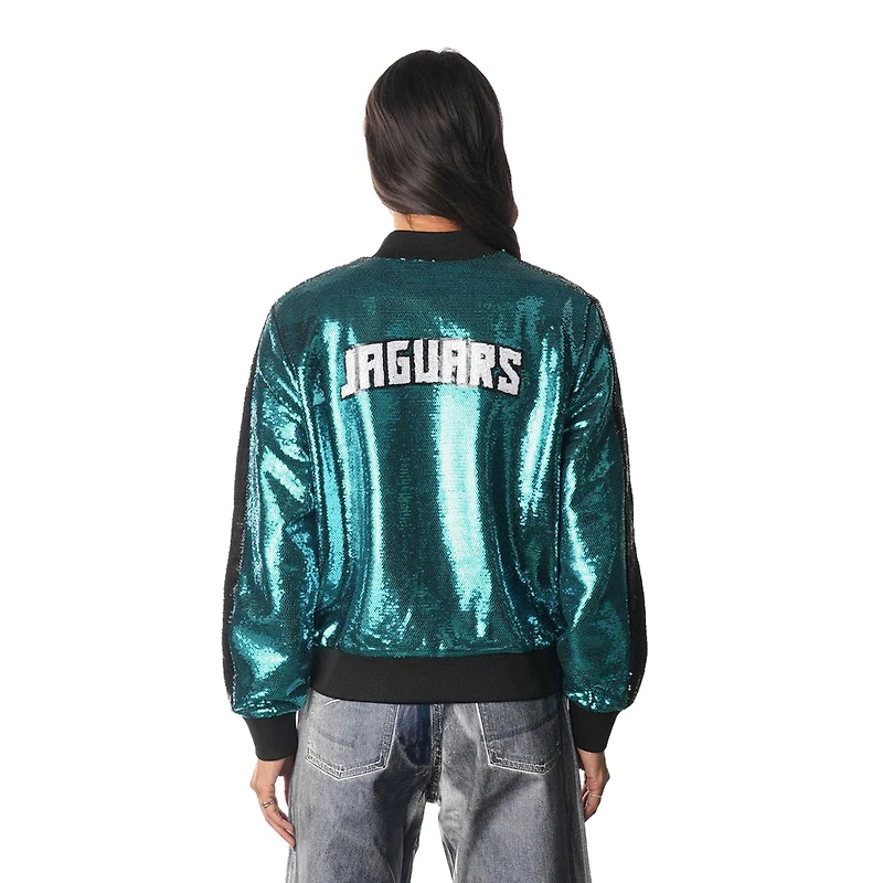 Blouson aviateur entièrement zippé à sequins Jacksonville Jaguars bleu sarcelle pour femme The Wild Collective