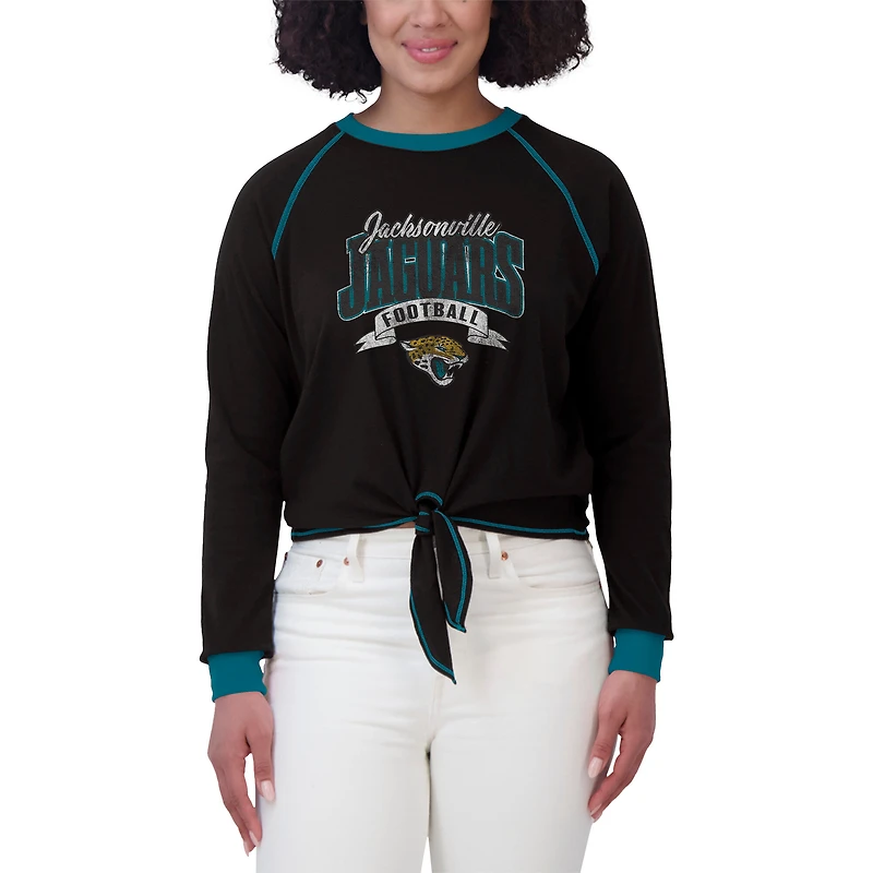Women's WEAR by Erin Andrews Black/Teal Jacksonville Jaguars Plus Tie-Front Long Sleeve Top