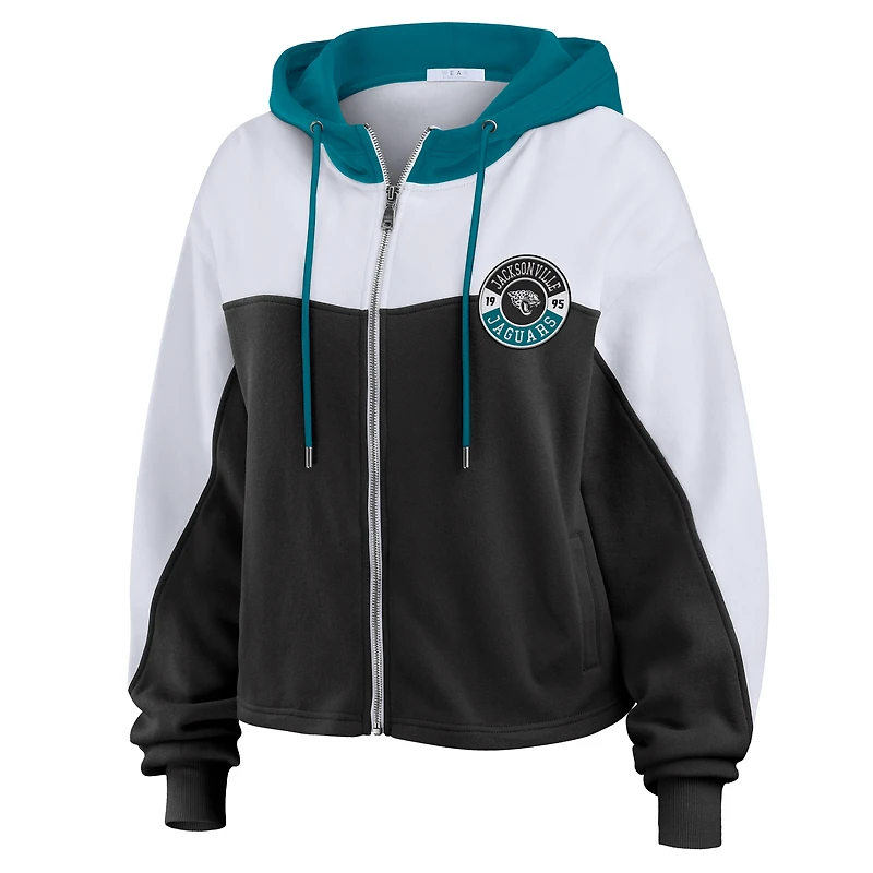 Women's WEAR by Erin Andrews Black/White Jacksonville Jaguars Color Block Full-Zip Hoodie