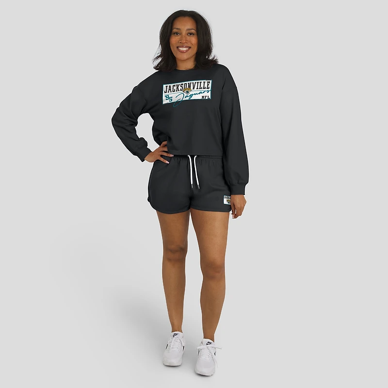 Women's WEAR by Erin Andrews Black Jacksonville Jaguars Heavy Rugby Jersey Long Sleeve T-Shirt & Shorts Lounge Set