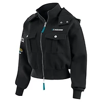 Veste à capuche bomber courte et zippée entièrement en mélange tri-blend pour femme par Erin Andrews, motif Jacksonville Jaguars, noire