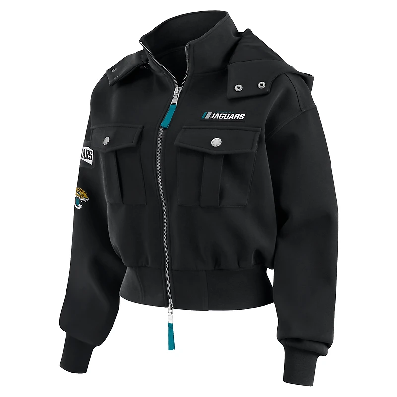 Women's WEAR by Erin Andrews Black Jacksonville Jaguars Tri-Blend Patch Pocket Cropped Full-Zip Bomber Hoodie Jacket