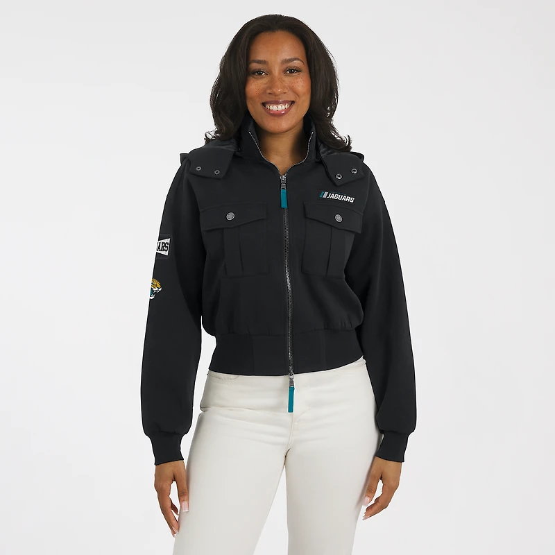 Veste à capuche bomber courte et zippée entièrement en mélange tri-blend pour femme par Erin Andrews, motif Jacksonville Jaguars, noire