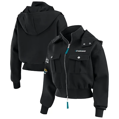 Women's WEAR by Erin Andrews  Black Jacksonville Jaguars Tri-Blend Patch Pocket Cropped Full-Zip Bomber Hoodie Jacket