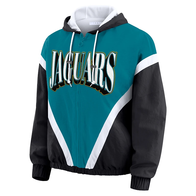 Women's WEAR by Erin Andrews Teal/Black Jacksonville Jaguars Retro Crinkle Full-Zip Hoodie Windbreaker