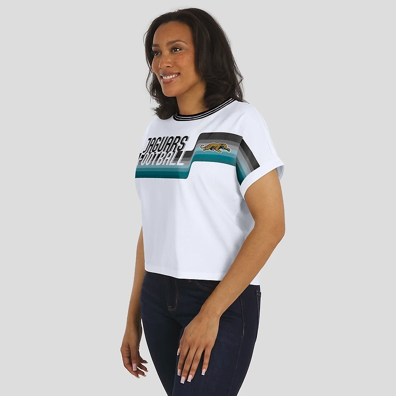 Women's WEAR by Erin Andrews White Jacksonville Jaguars Cropped Center Stripe Dolman T-Shirt