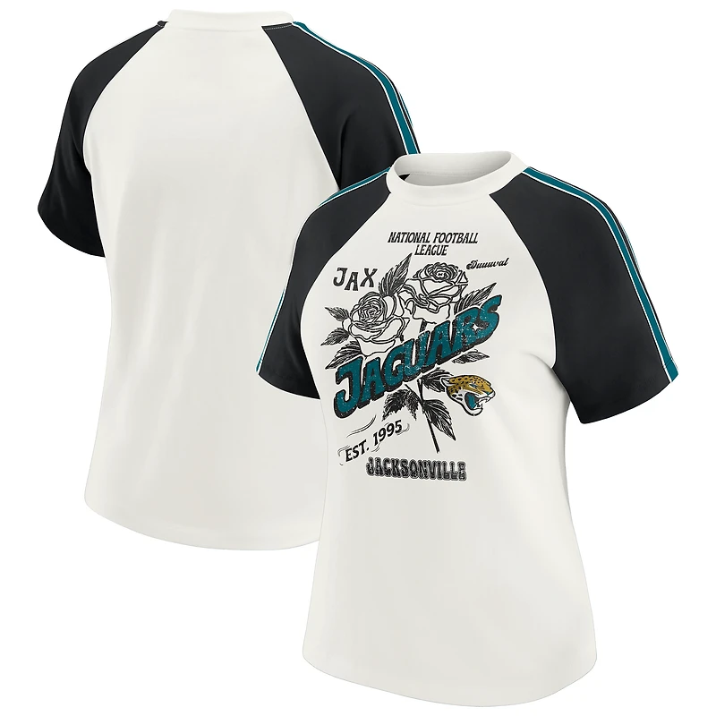 Women's WEAR by Erin Andrews White Jacksonville Jaguars Sleeve Stripe Distressed Raglan T-Shirt